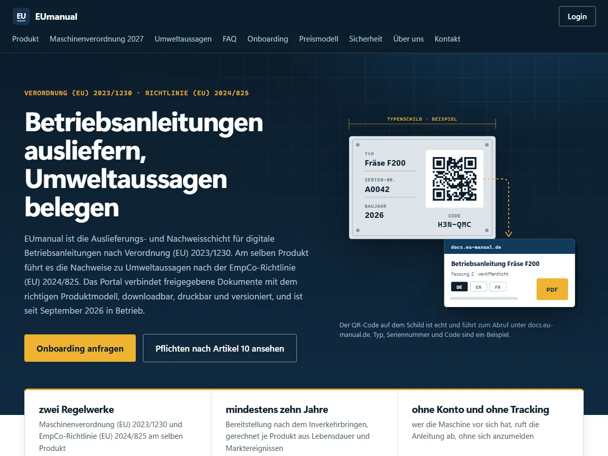 Startseite von EUmanual: ein Typenschild mit QR-Code führt zur Betriebsanleitung der Fräse F200 in drei Sprachen.