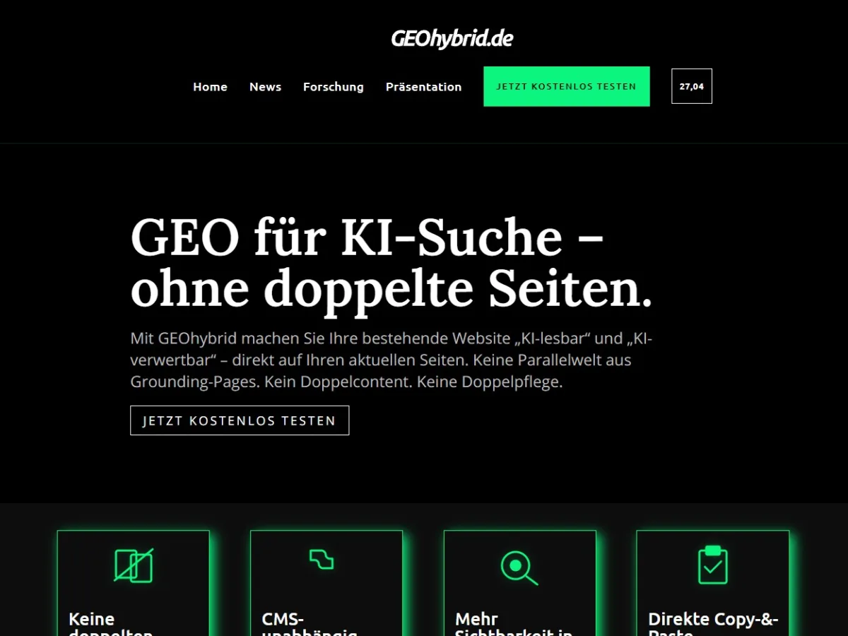 Startseite von GEOhybrid: macht bestehende Seiten für KI-Systeme lesbar, ohne doppelte Inhalte anzulegen.