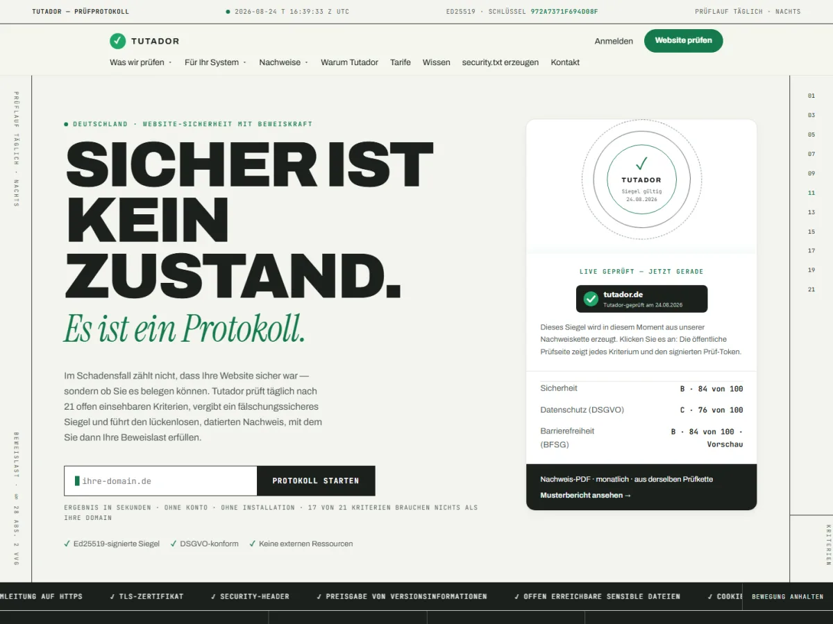 Startseite von Tutador: Prüfsiegel mit offenem Katalog aus 21 Kriterien und Nachweis für die Versicherung.