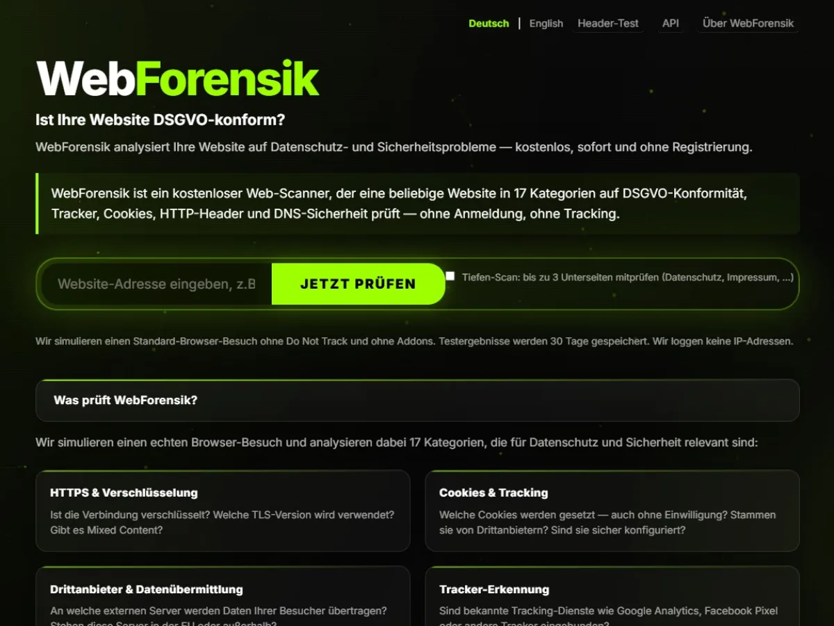 Startseite von WebForensik: Eingabefeld für eine Website-Adresse und die Liste der 17 Prüfkategorien.
