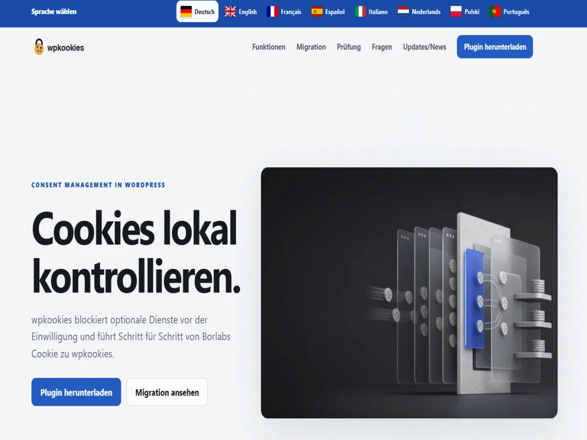 Startseite von wpkookies: Einwilligungsverwaltung für WordPress, quelloffen unter GPLv2 oder neuer.
